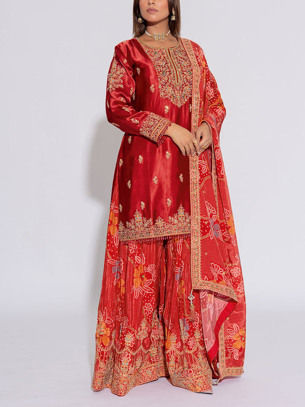 Red Silk Embroidered Kurta and Garara Set