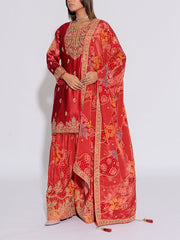 Red Silk Embroidered Kurta and Garara Set