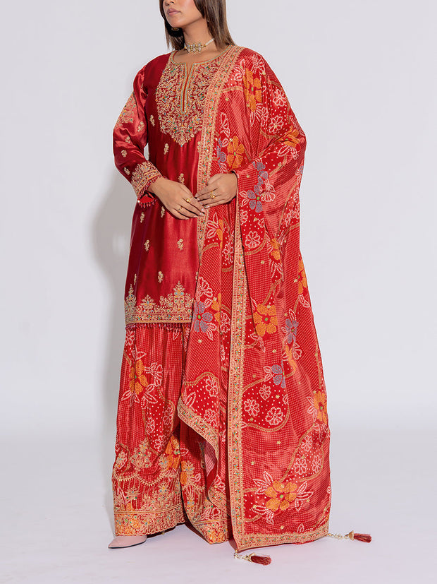 Red Silk Embroidered Kurta and Garara Set