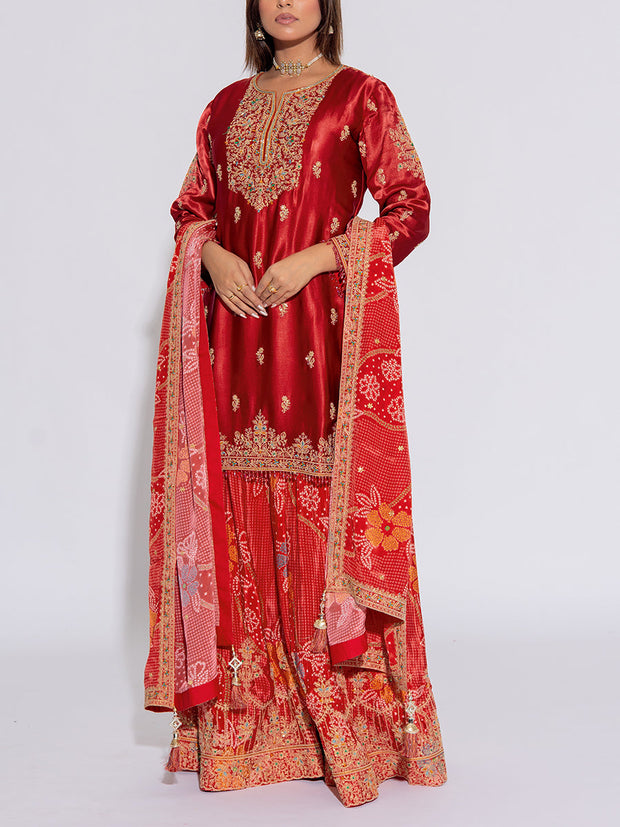 Red Silk Embroidered Kurta and Garara Set