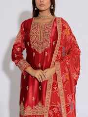 Red Silk Embroidered Kurta and Garara Set