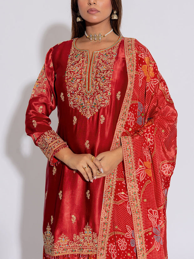 Red Silk Embroidered Kurta and Garara Set