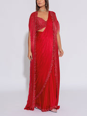 Red  Embroidered Silk Drape Saree With Cape