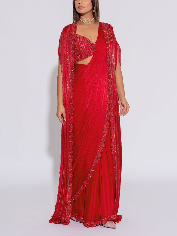 Red  Embroidered Silk Drape Saree With Cape