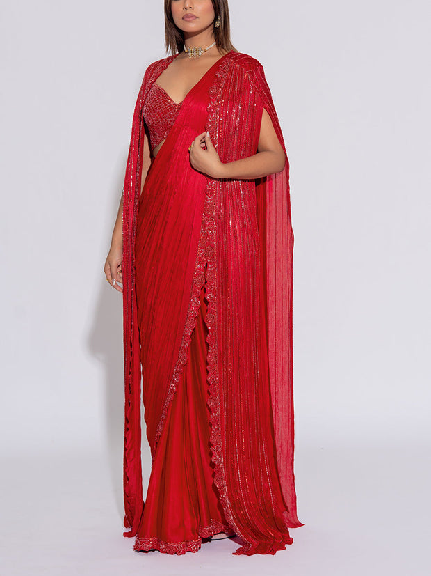 Red  Embroidered Silk Drape Saree With Cape