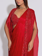 Red  Embroidered Silk Drape Saree With Cape