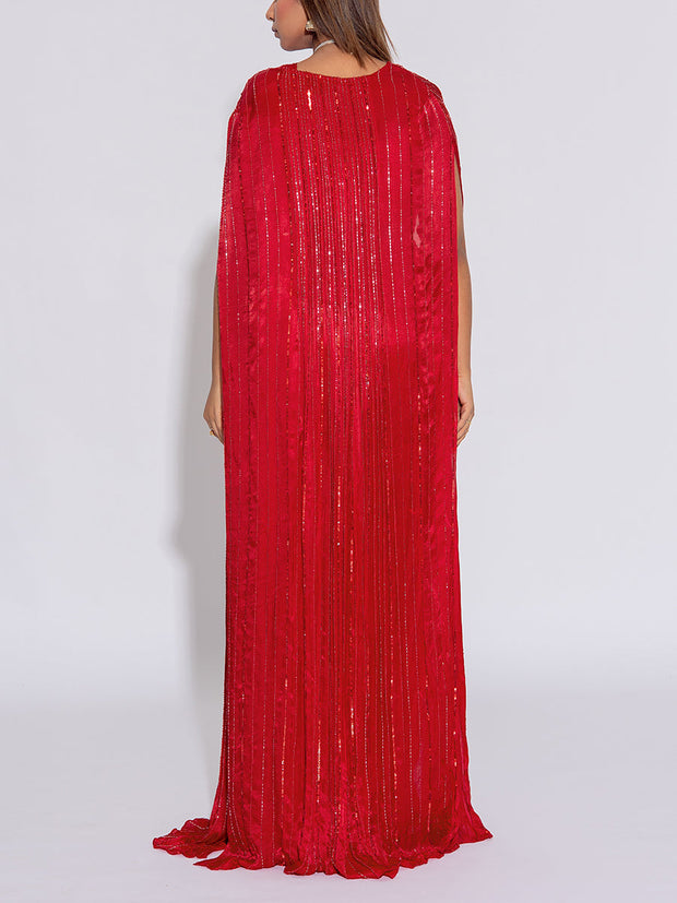 Red  Embroidered Silk Drape Saree With Cape