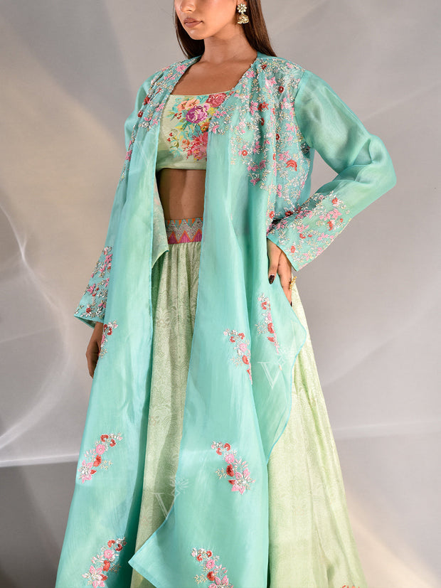Aqua Blue Vasansi Silk Printed Lehenga Set