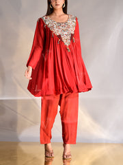 Red Wrinkle Crepe Embroidered Suit Set