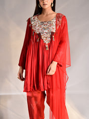 Red Wrinkle Crepe Embroidered Suit Set