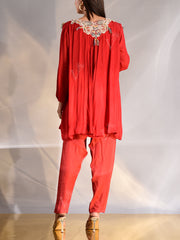Red Wrinkle Crepe Embroidered Suit Set