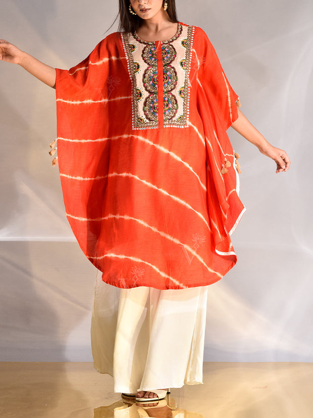 Orange Silk Zardozi Kaftan Set