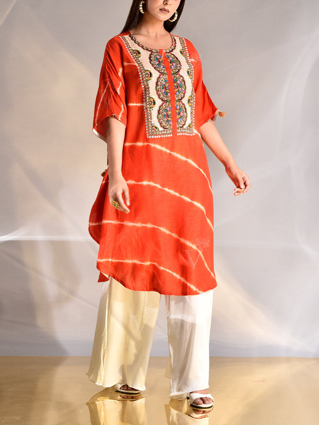 Orange Silk Zardozi Kaftan Set