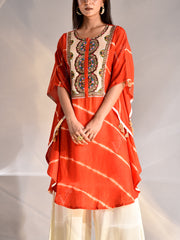 Orange Silk Zardozi Kaftan Set