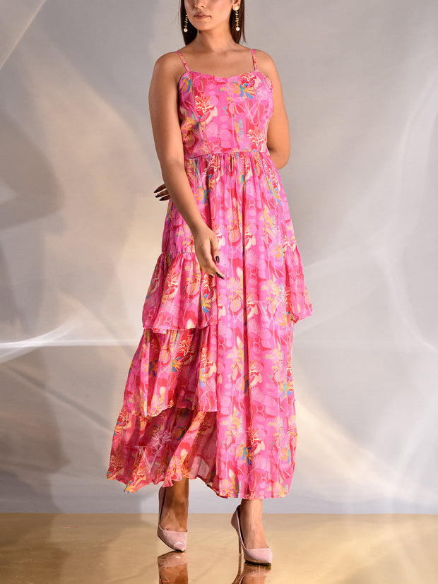 Pink Wrinkle Crepe Floral Printed Tiered Dress