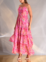 Pink Wrinkle Crepe Floral Printed Tiered Dress