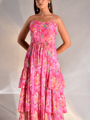 Pink Wrinkle Crepe Floral Printed Tiered Dress
