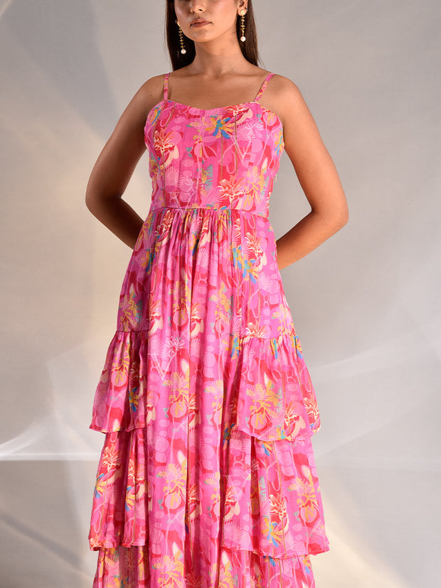 Pink Wrinkle Crepe Floral Printed Tiered Dress