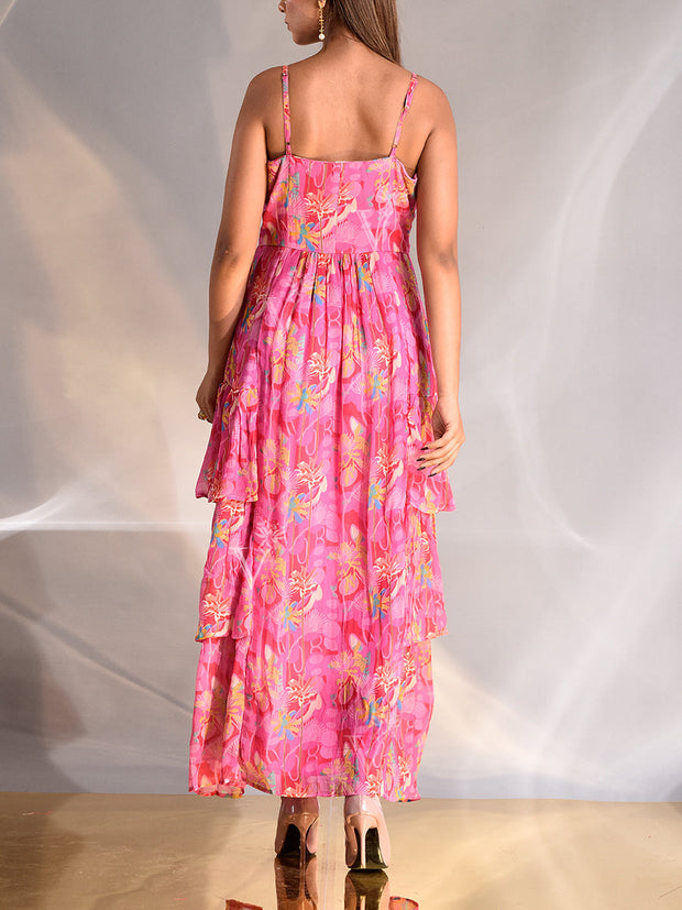 Pink Wrinkle Crepe Floral Printed Tiered Dress