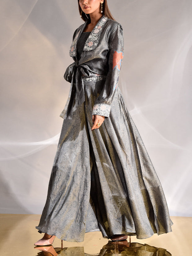 Grey Vasansi Silk Jacket with Bustier and Palazzo Set