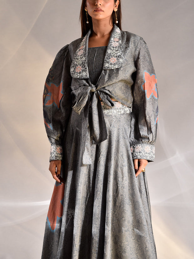 Grey Vasansi Silk Jacket with Bustier and Palazzo Set