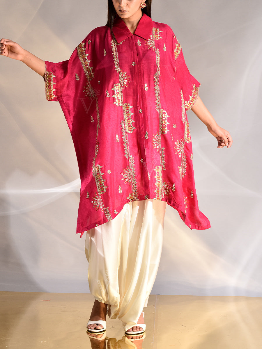 RFSS1907 - Pure Silk Organza Pastel Pink Mirror Work Kaftan With Pants