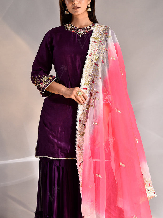 Violet Silk Embroidered Kurta and Sharara Set