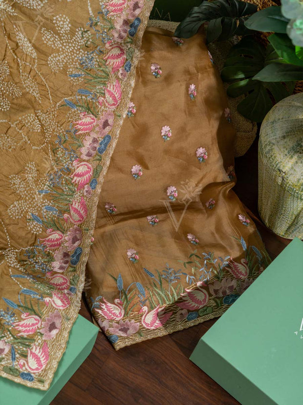 Brown Organza Dress Material