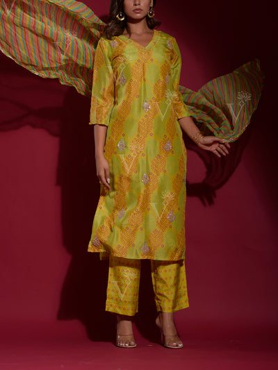 Lime Green Vasansi Silk Bandhani Suit Set