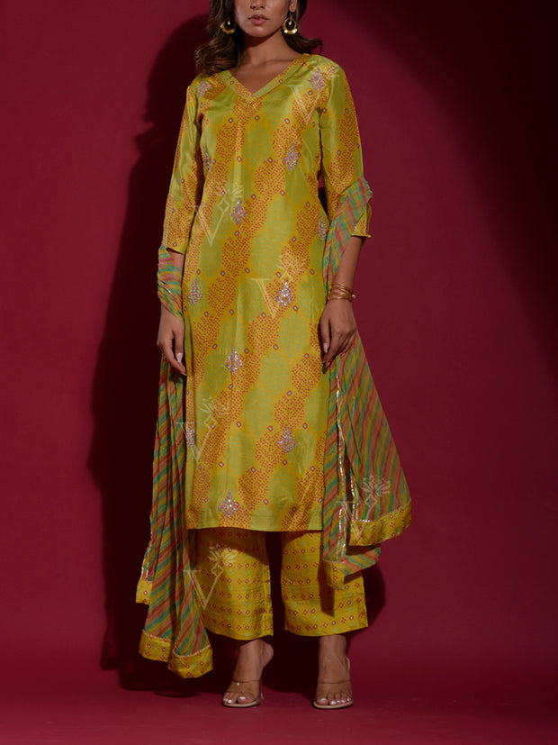 Lime Green Vasansi Silk Bandhani Suit Set