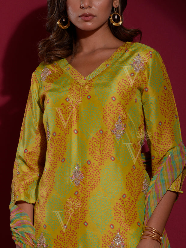 Lime Green Vasansi Silk Bandhani Suit Set