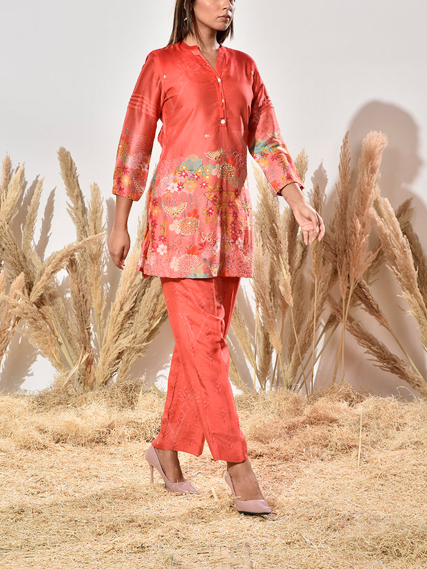 Carrot Red Vasansi Silk Embroidered Co Ord Set