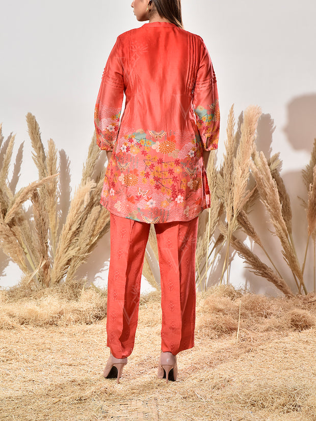 Carrot Red Vasansi Silk Embroidered Co Ord Set