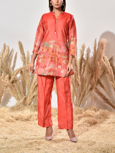 Carrot Red Vasansi Silk Embroidered Co Ord Set