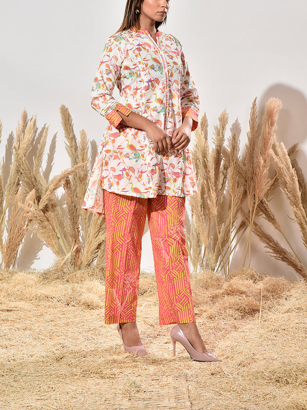 White and Pink Printed Cotton Co Ord Set