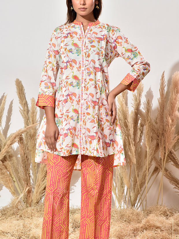 White and Pink Printed Cotton Co Ord Set