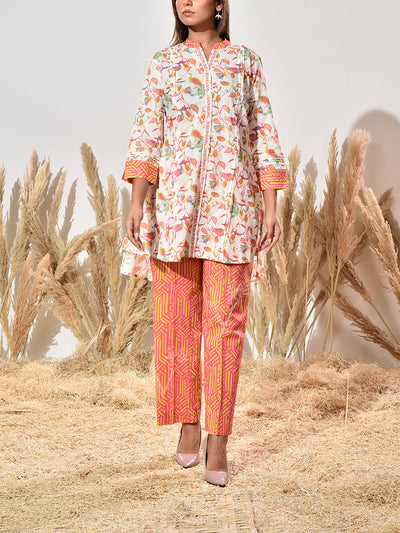 White and Pink Printed Cotton Co Ord Set