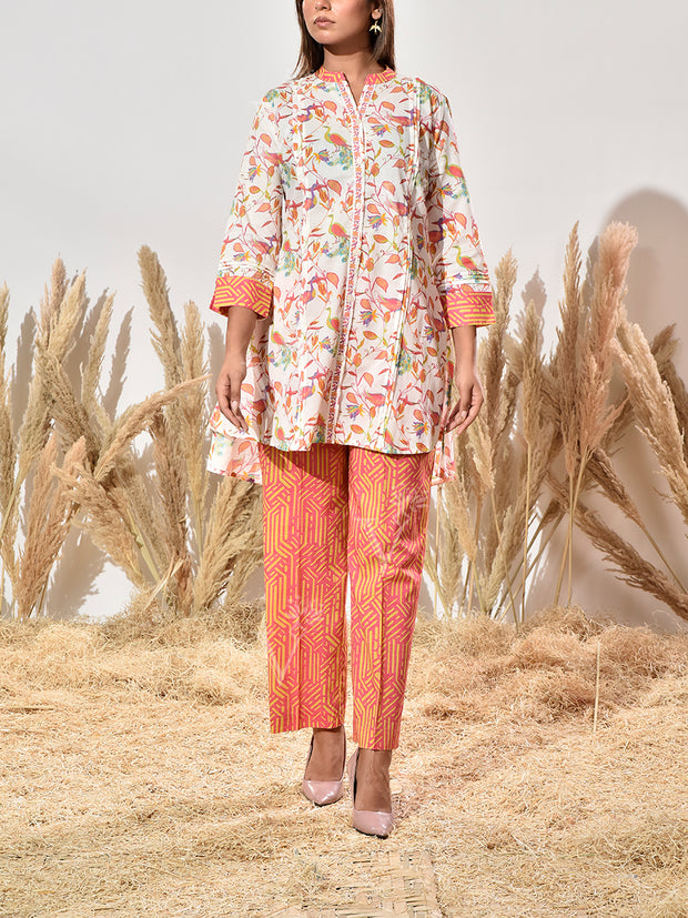 White and Pink Printed Cotton Co Ord Set