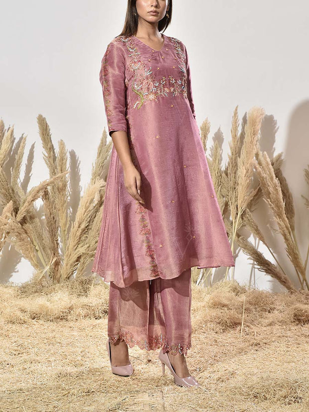 Onion Pink Tissue Emrbroidered Kurta and Pant Set