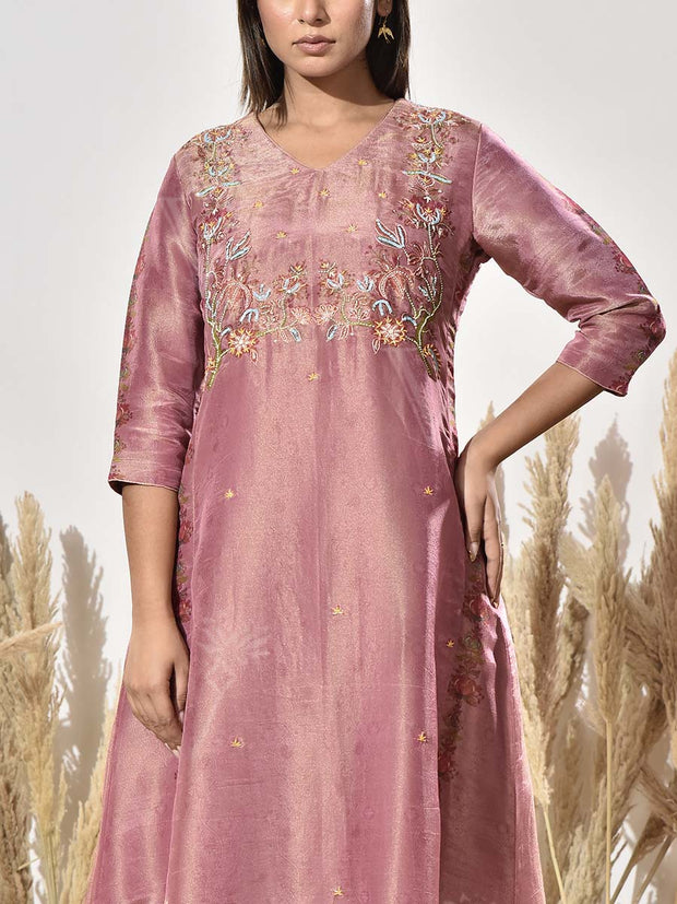 Onion Pink Tissue Emrbroidered Kurta and Pant Set