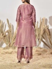 Onion Pink Tissue Emrbroidered Kurta and Pant Set