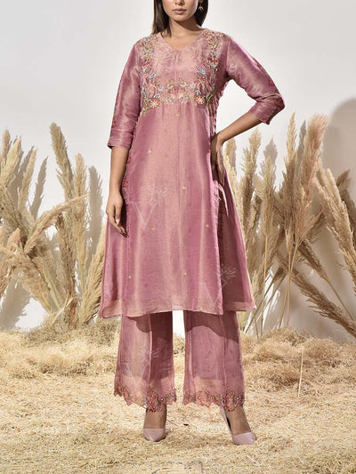Onion Pink Tissue Emrbroidered Kurta and Pant Set