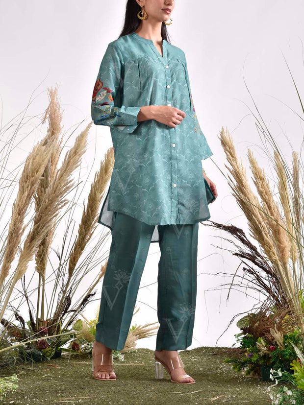 Teal Vasansi Silk Printed Co Ord Set