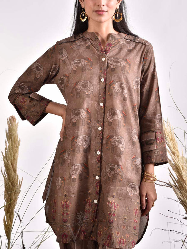 Brown Printed Cotton Co Ord Set