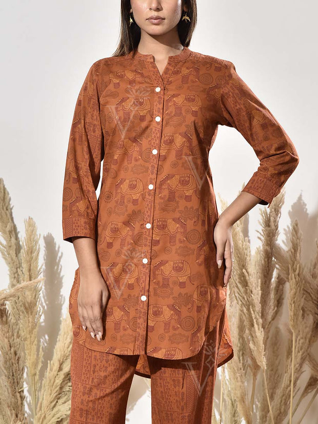 Brown Cotton Printed Co Ord Set