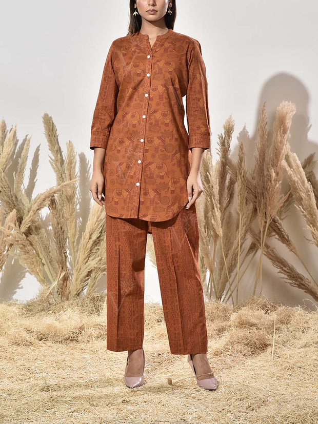 Brown Cotton Printed Co Ord Set