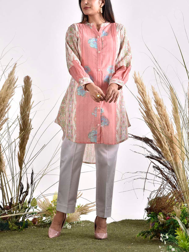 Peach and Ivory Dobby Cotton Printed Shirt