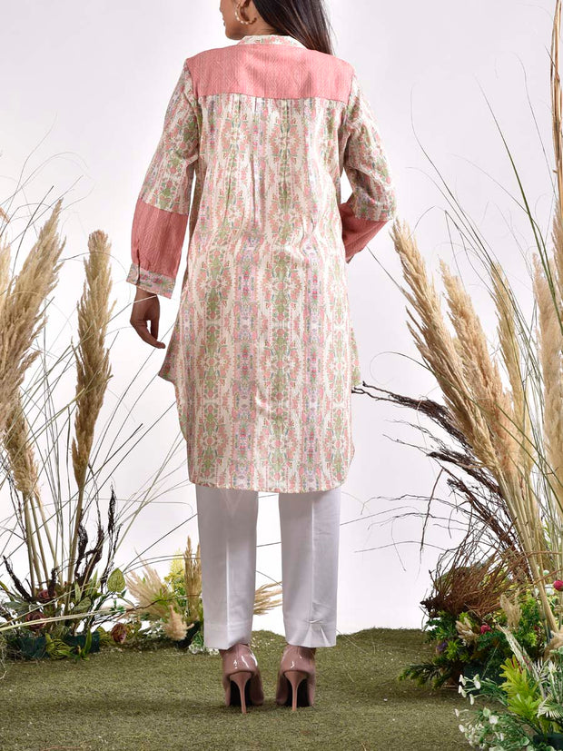 Peach and Ivory Dobby Cotton Printed Shirt