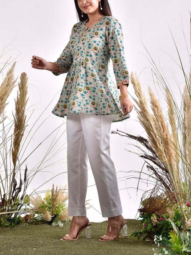 Blue Green Cotton Printed Top