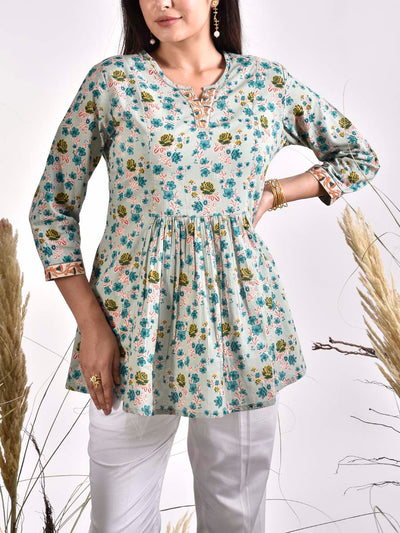Blue Green Cotton Printed Top